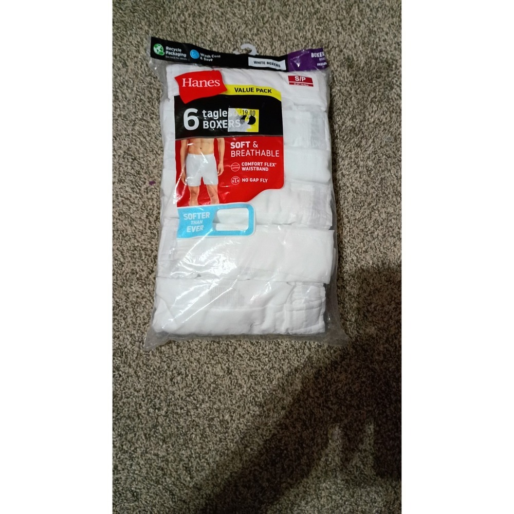 Hanes 6-Pack Men's S/ V D Tagless Woven White Boxers Soft Breathable No Gap Fly